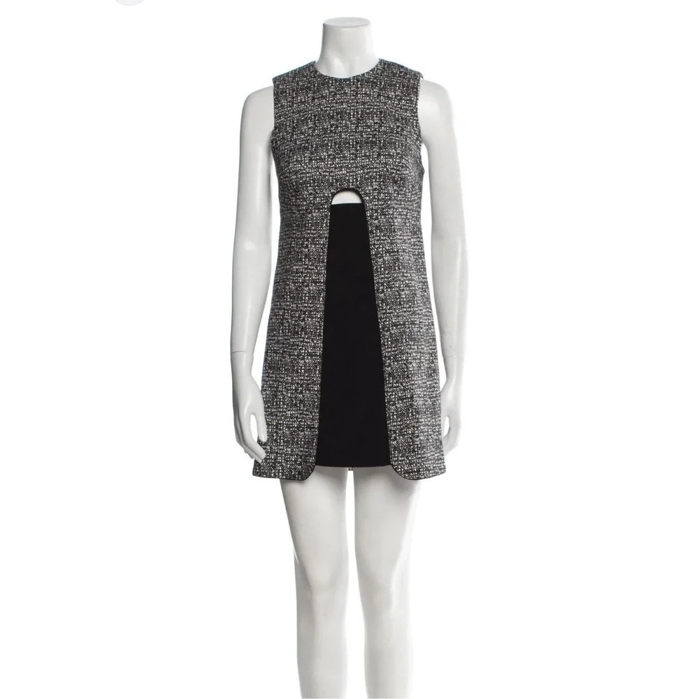 MISHA NONOO Crew Neck Mini Tweed Middle Cut Out Women's 6 Black & White